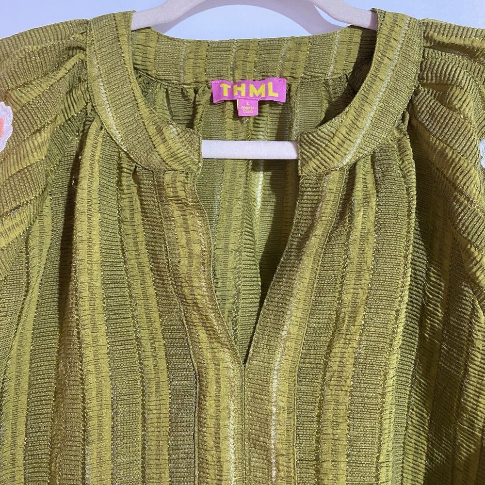 THML Anthropologie Top L Green Floral Embroidered Puff Sleeve Fall Boho - Picture 8 of 13